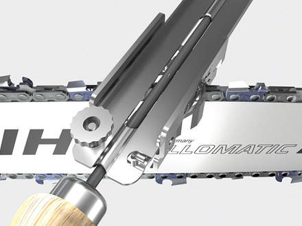 : FF1 File holder guideIf you don't want to rely on purely optical alignment aids when sharpening the chain, the STIHL file holder guide is the ideal tool. Select the file holder guide that matches the chain pitch and place it over the chain on the guide bar at an angle of 30°. The file holder is held and guided laterally by the guide and lined up at the correct filing angle of 30° to the guide bar.  All you have to do is slide the file holder through the file holder guide at a right angle to the guide bar. Once you have sharpened all the cutters, check the depth gauge setting and correct if necessary.