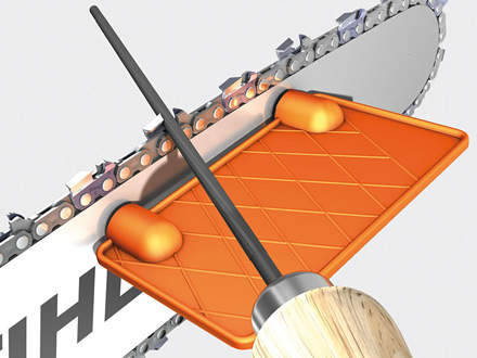 : Filing templateThe STIHL filing template is an easy-to-use tool that helps you maintain the correct filing angle.It simply attaches to the guide bar using two magnets and has raised sighting lines for the correct filing angle. 